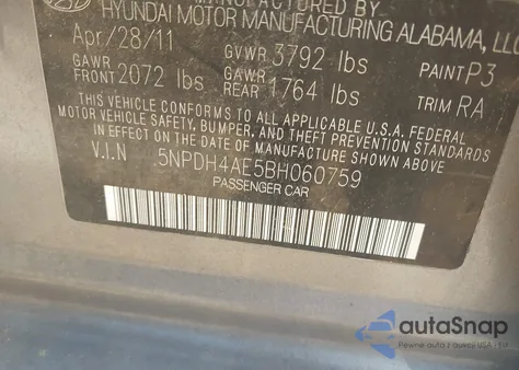 2011 Hyundai Elantra Gls z USA, uszkodzony, nr VIN 5NPDH4AE5BH060759